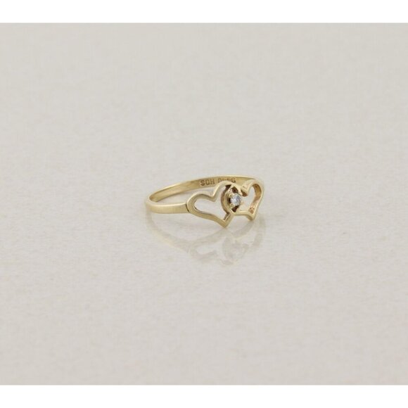 10k Yellow Gold Diamond Two Heart Ring Dainty Woman Teen Girl Size 5 1/4 - Picture 5 of 7